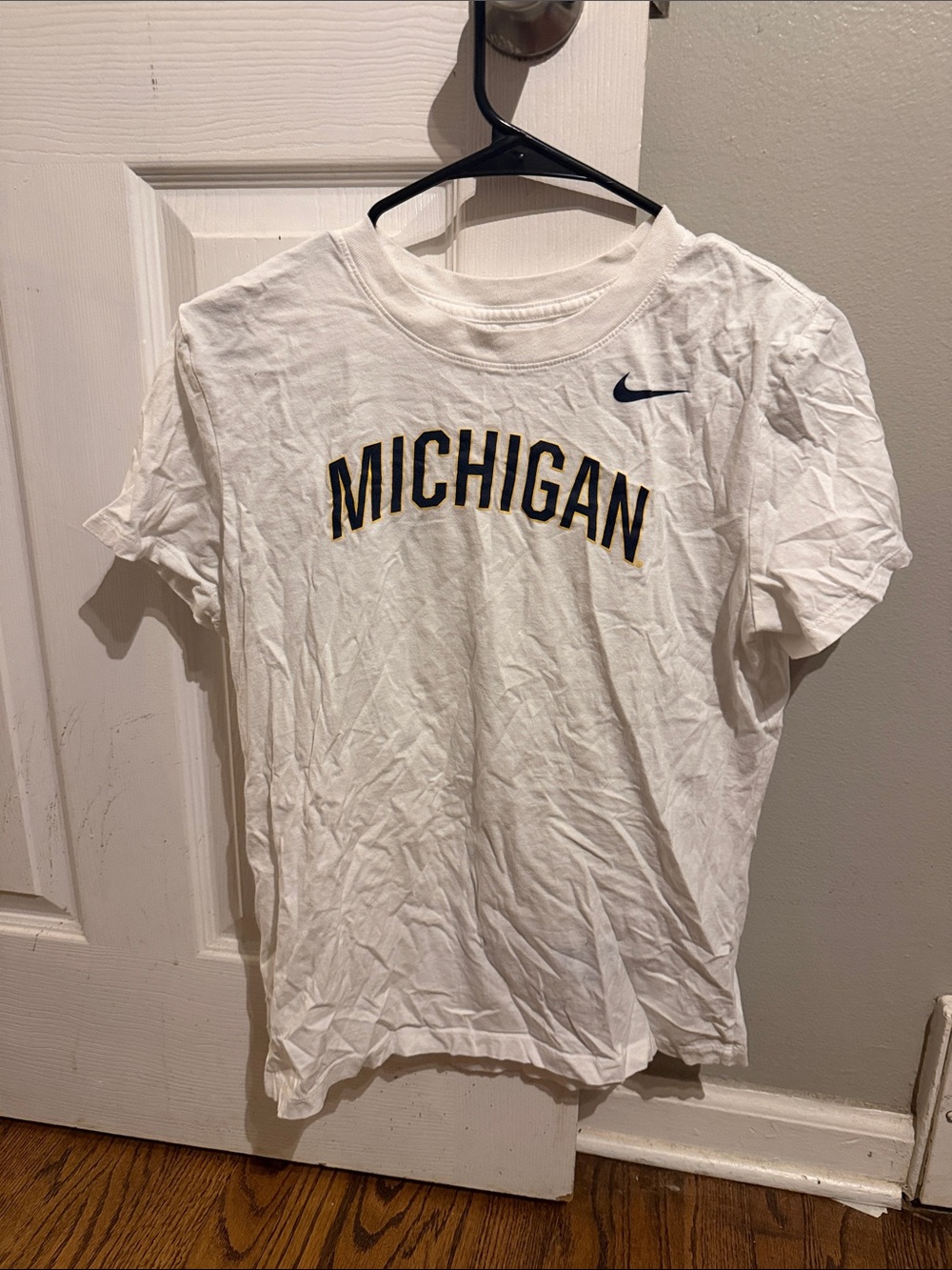 Nike White Short-Sleeve Michigan Tee with Navy and Yellow Lettering